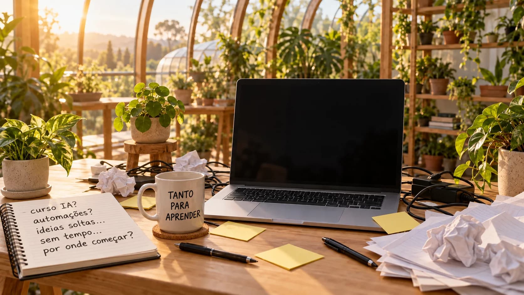 Antes: a mesma secretária desarrumada, com cabos emaranhados, papéis amarrotados e post-its em branco. À esquerda, um caderno aberto diz curso IA?, automações?, ideias soltas, sem tempo, por onde começar? e a caneca ao lado diz Tanto para aprender.