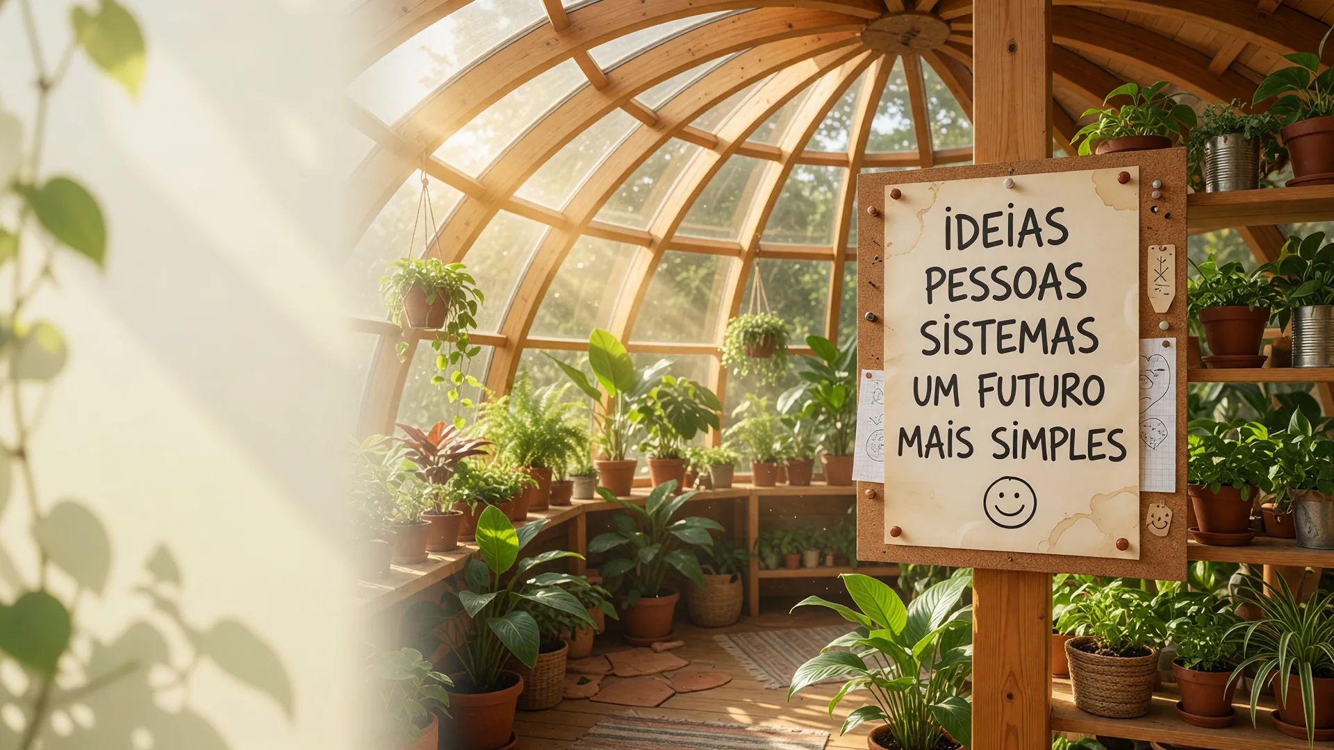Estufa em cúpula de madeira e vidro cheia de plantas, com uma placa que diz Ideias, pessoas, sistemas, um futuro mais simples.
