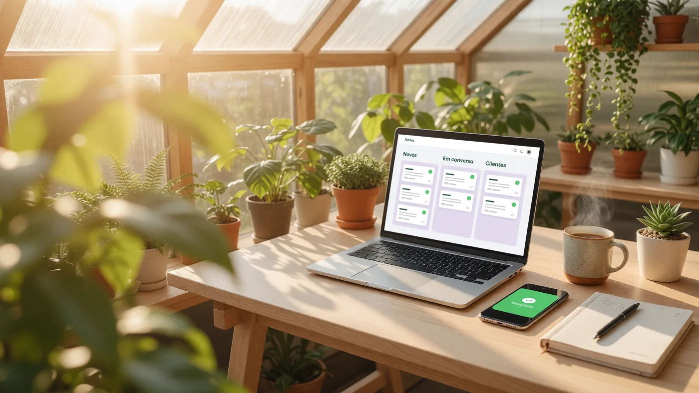 Portátil com um quadro de clientes em três colunas, Novos, Em conversa e Clientes, numa secretária cheia de plantas.