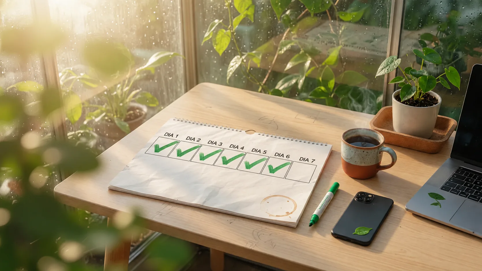 Calendário de papel com uma fila de sete dias, do DIA 1 ao DIA 7, e os seis primeiros assinalados a verde, ao lado de uma caneca de café e de um marcador.