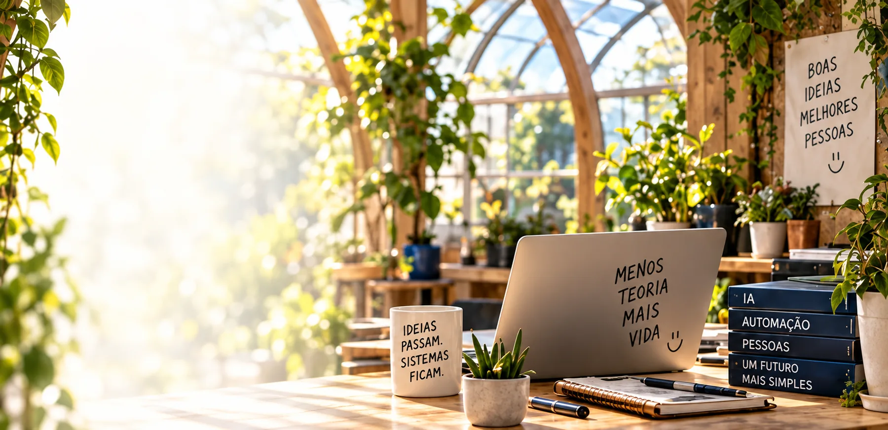 Secretária de madeira numa estufa cheia de luz: portátil com a nota Menos teoria, mais vida; caneca com Ideias passam, sistemas ficam; livros sobre IA, automação e pessoas; e uma placa que diz Boas ideias, melhores pessoas.