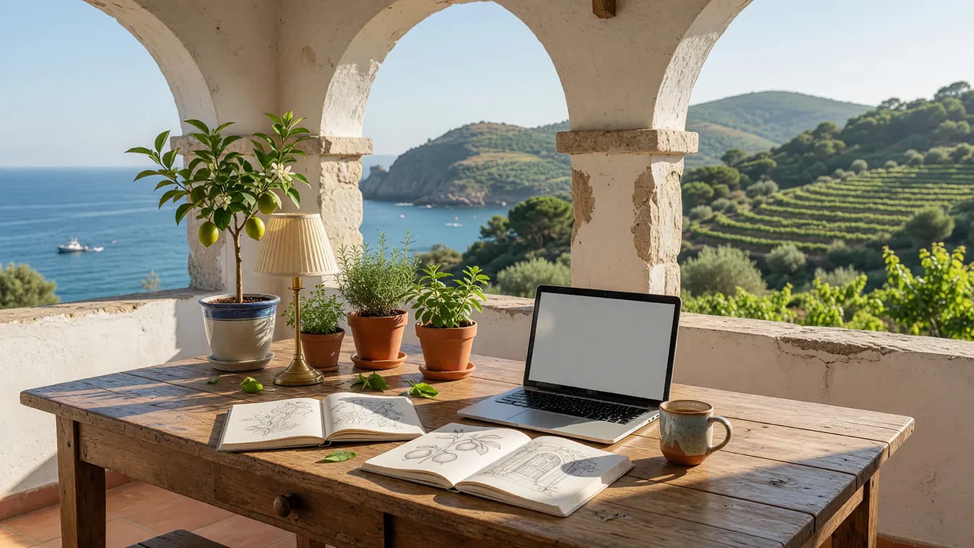 Mesa de trabalho num terraço mediterrânico, com cadernos, plantas e vista para o mar