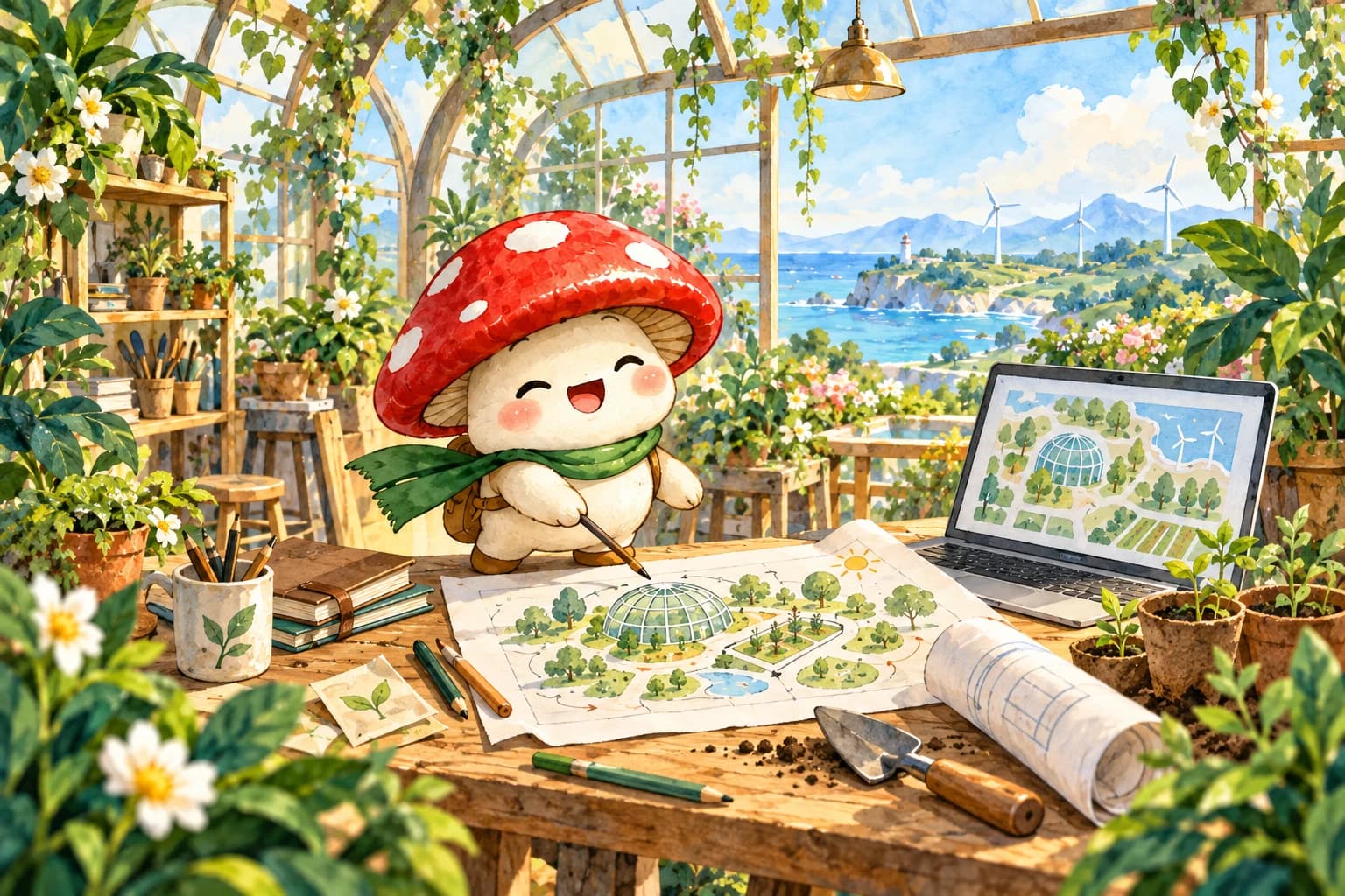 O MYLO numa estufa costeira, a ajudar a transformar um desenho num projeto real sobre uma mesa de trabalho.