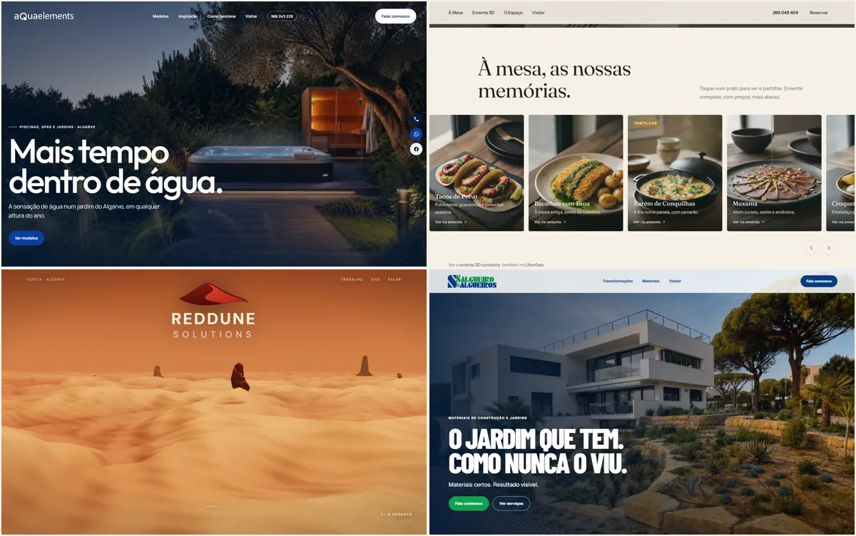 Capturas reais de quatro sites feitos pela descomplicAI: Aqua Elements, Bistrô Memórias, Red Dune e Salgueiro & Salgueiros.