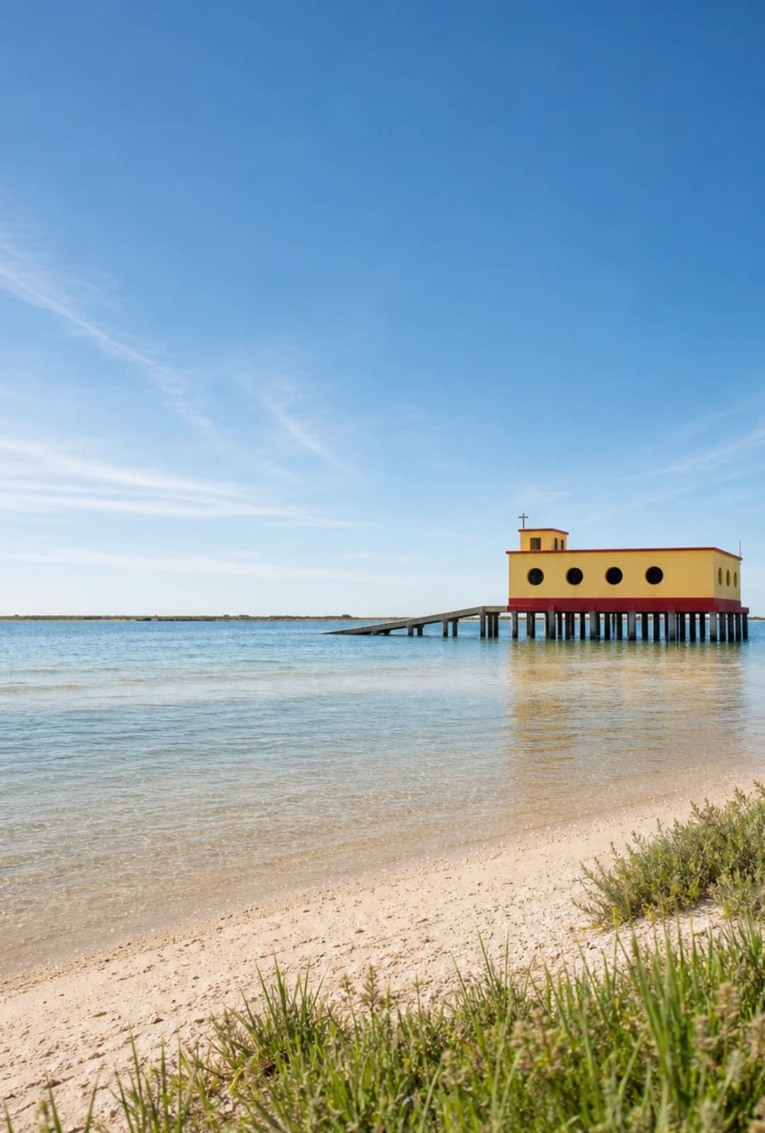 Casa amarela e vermelha do salva-vidas na Fuseta sobre a Ria Formosa