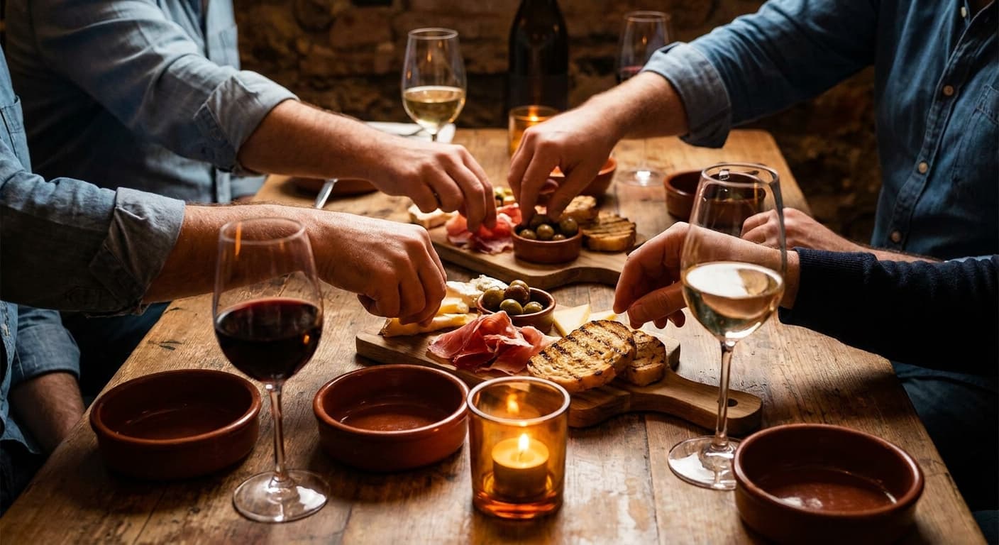 Grupo a provar petiscos e vinhos